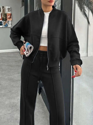 Black baseball collar zip up outerwear and drawstring pants set for women