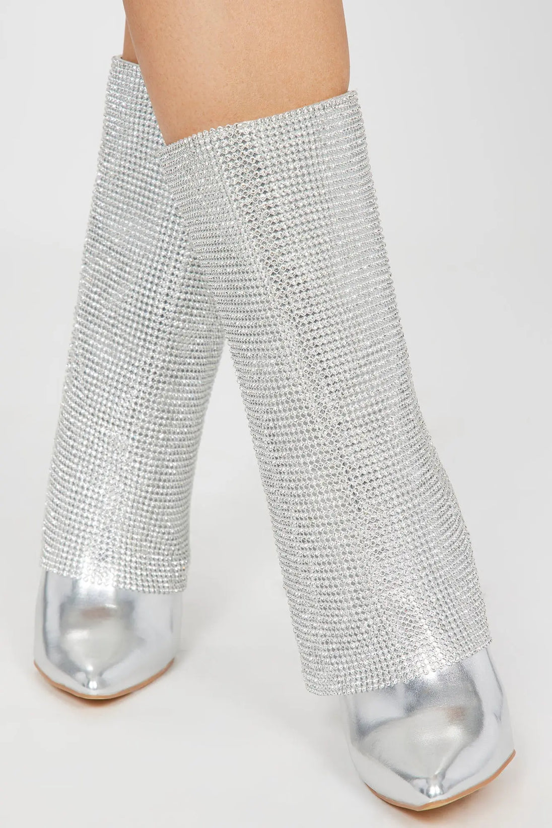 Demi Embellished Overlay Knee High Boots - Silver Ezeyor