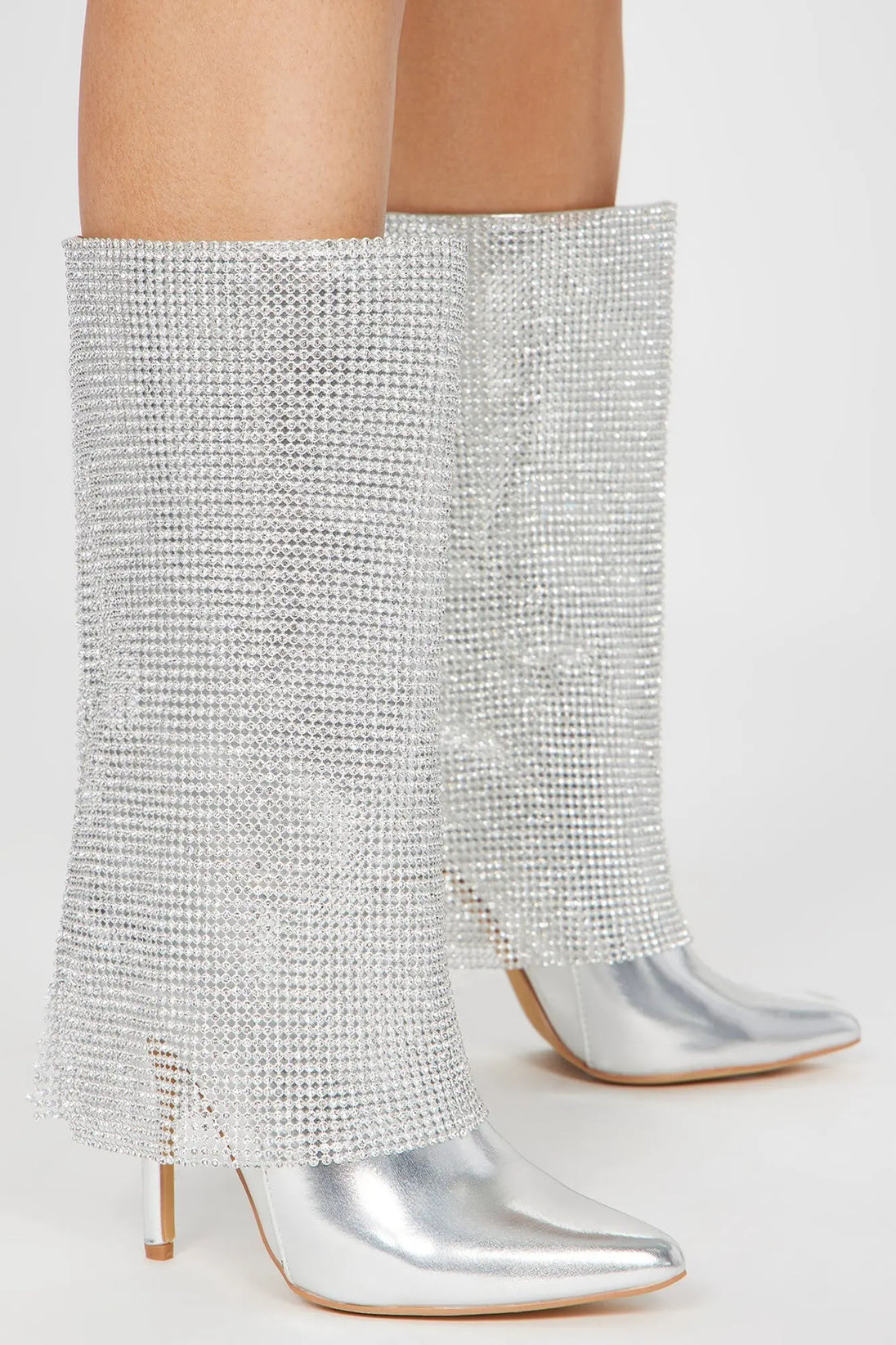 Demi Embellished Overlay Knee High Boots - Silver Ezeyor