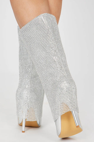 Demi Embellished Overlay Knee High Boots - Silver Ezeyor