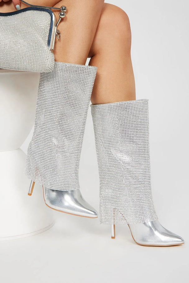 Demi Embellished Overlay Knee High Boots - Silver Ezeyor