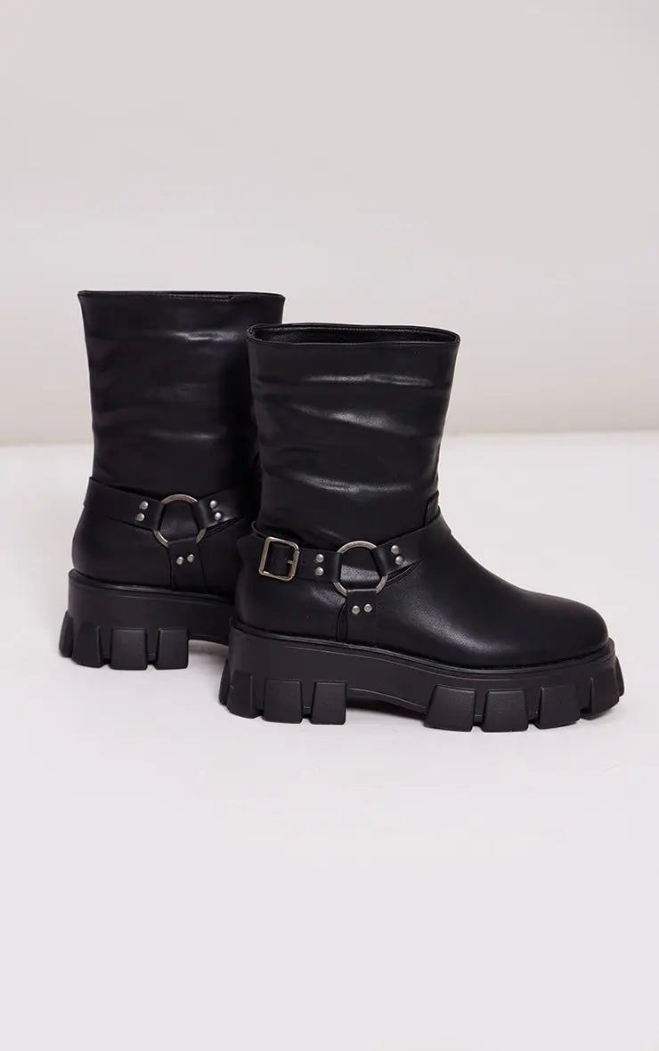 Black Buckle Strap Detail Chunky Cleated Sole Ankle Boots Kenike