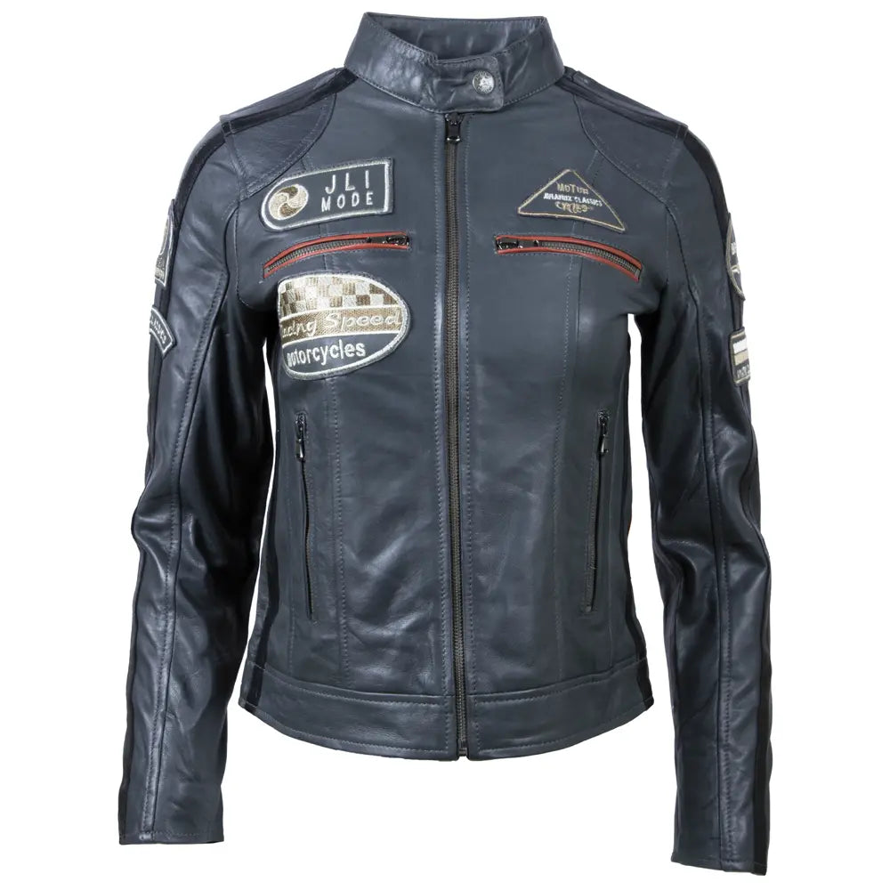 Platinum grey women's racing biker jacket in sheepskin nappa leather with zip fastening and racing badges