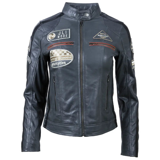 Platinum grey women's racing biker jacket in sheepskin nappa leather with zip fastening and racing badges