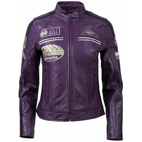 Purple women's racing biker jacket in sheepskin nappa leather with zip closure and racing patches