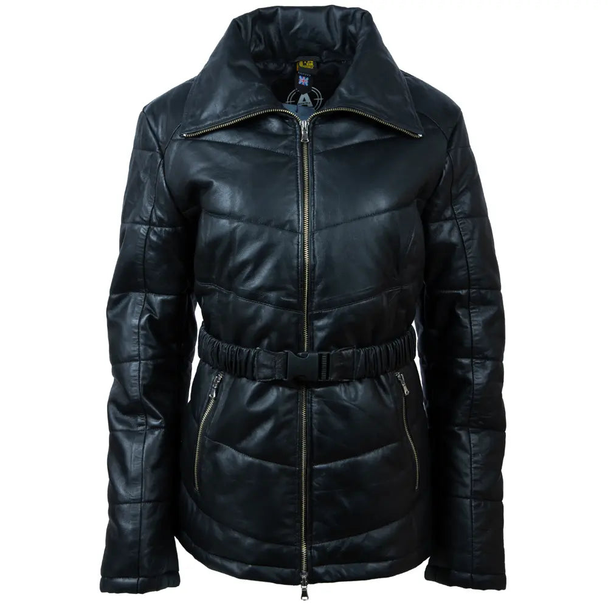 Black women's puffer coat with premium sheep leather, high collar, press-buckle belt, and zip pockets