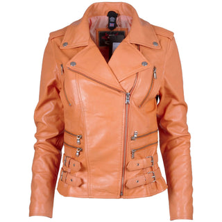 Women's biker jacket in papaya color made of genuine sheep nappa leather with asymmetric zipper and multiple zip pockets.