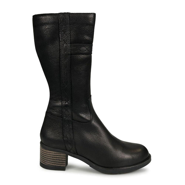 Women’s black knee-high boot in soft tumbled nubuck leather with 60mm block heel and wide E fit