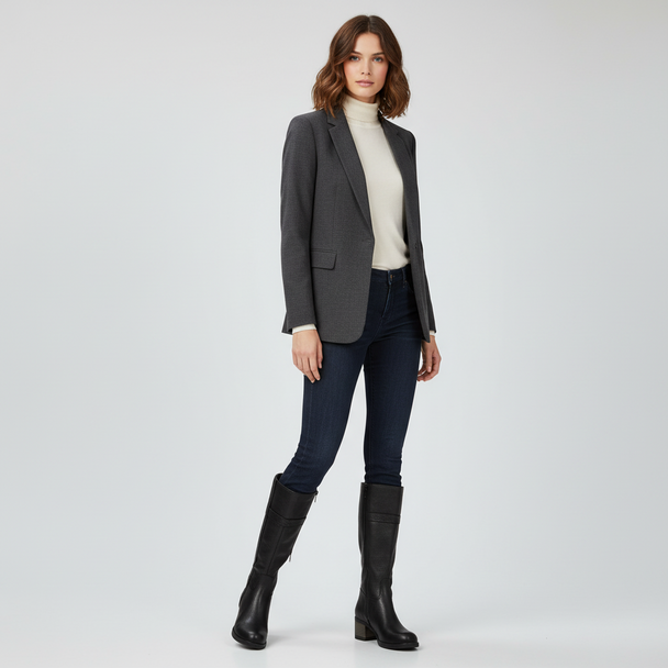 Woman wearing black knee-high boots with low block heel, paired with dark jeans, white turtleneck, and gray blazer