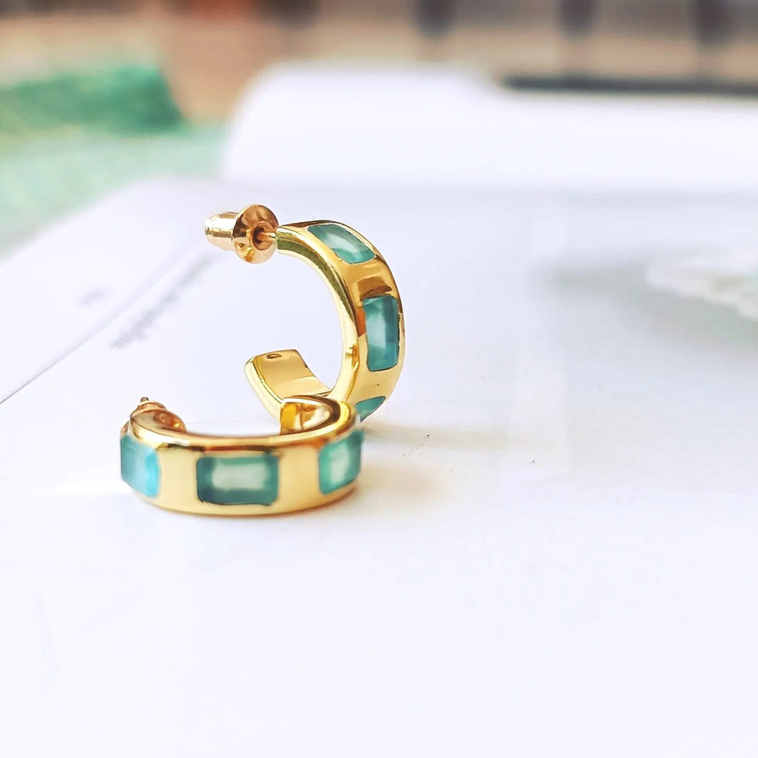 Cora Chunky Huggie Hoops in 22K gold with Pariba Onyx gemstones, 15mm diameter handcrafted earrings