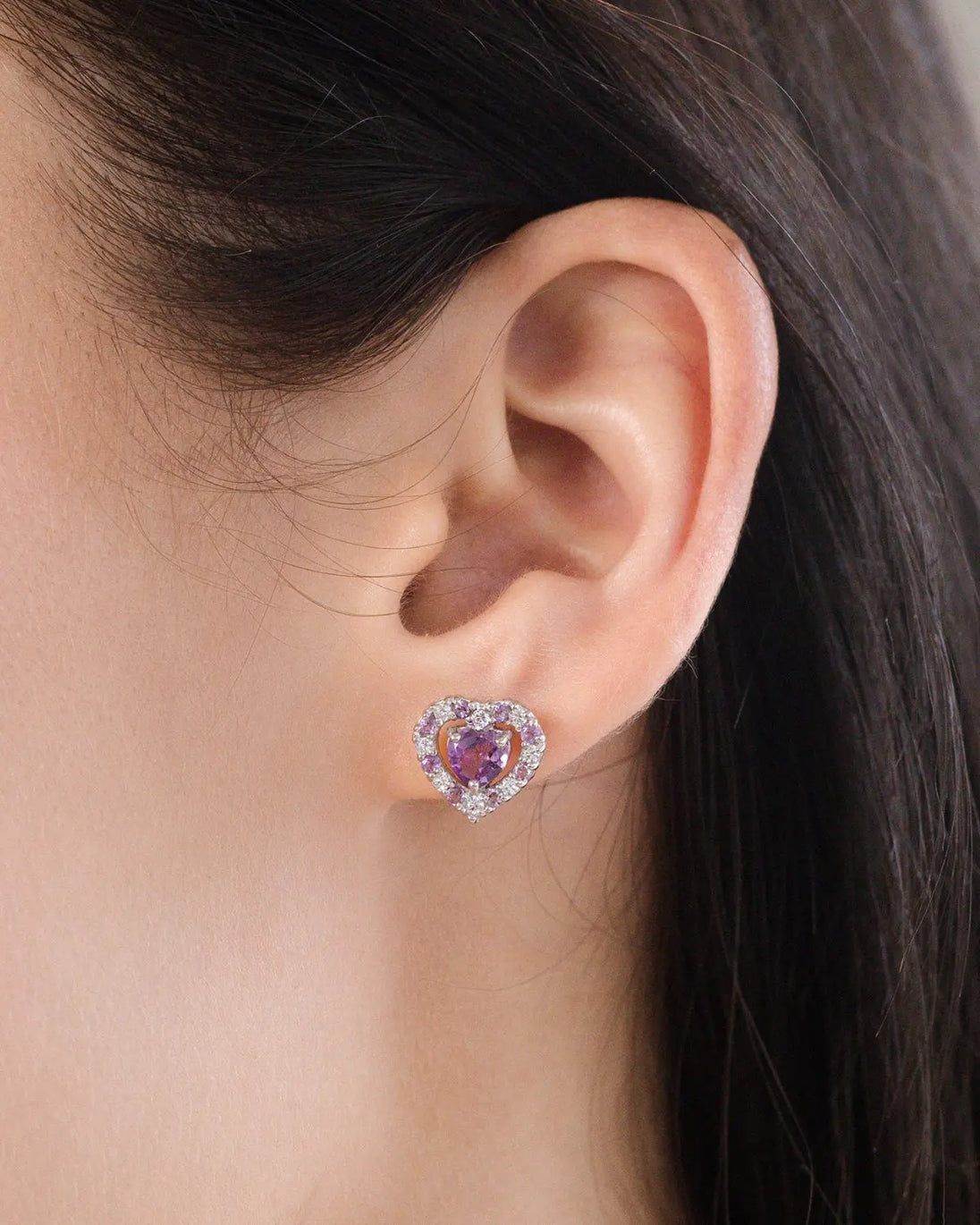 Purple heart lavender amethyst stud earring in sterling silver with simulated diamonds