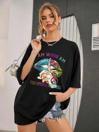 Ladies Oversized Whisper Words of Wisdom black cotton t-shirt with colorful graphic print and relaxed fit
