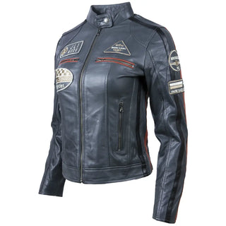 Women's Racing Biker jacket in platinum grey sheepskin nappa leather with racing badges and stripes