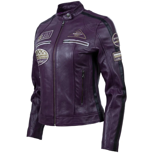Purple women's racing biker jacket with zip fastening and racing patches