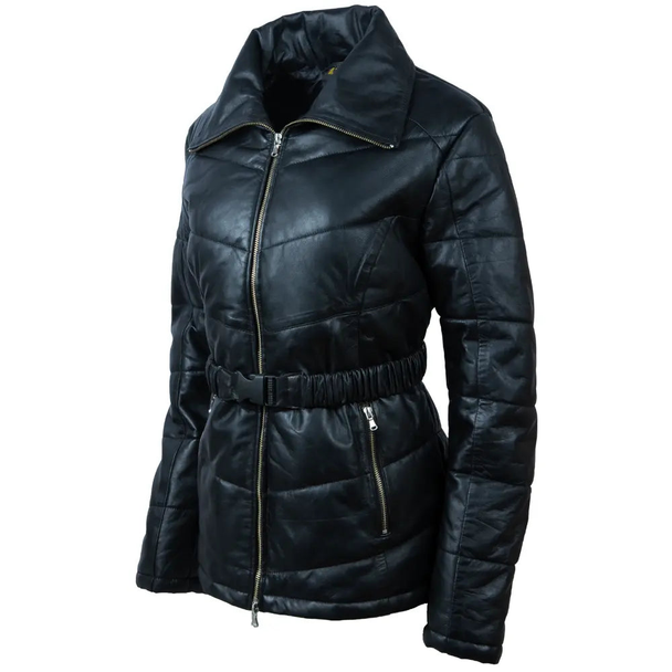 Black women's puffer coat made from genuine sheep leather with high collar, press-buckle belt, zip pockets, and stitched panels.