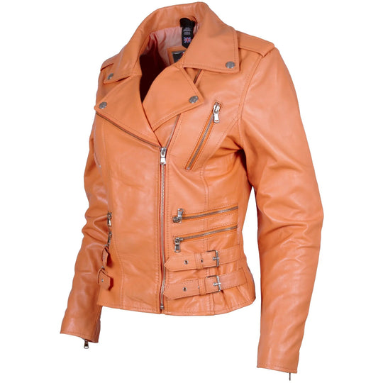 Women's orange genuine sheep nappa leather biker jacket with asymmetric zip and studded collar lapels