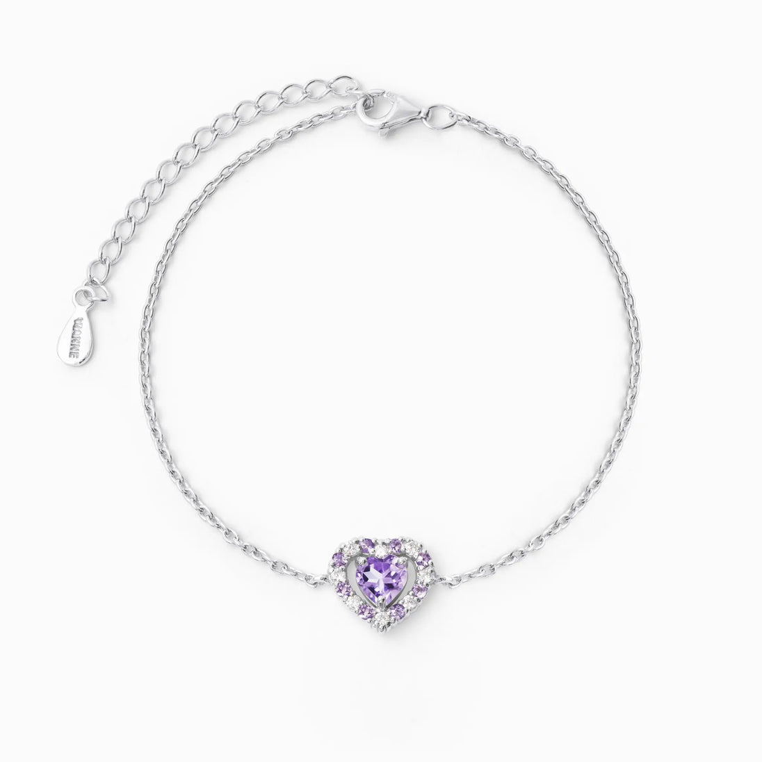 Purple Heart Lavender Amethyst Bracelet in sterling silver with double heart design and natural amethyst stones
