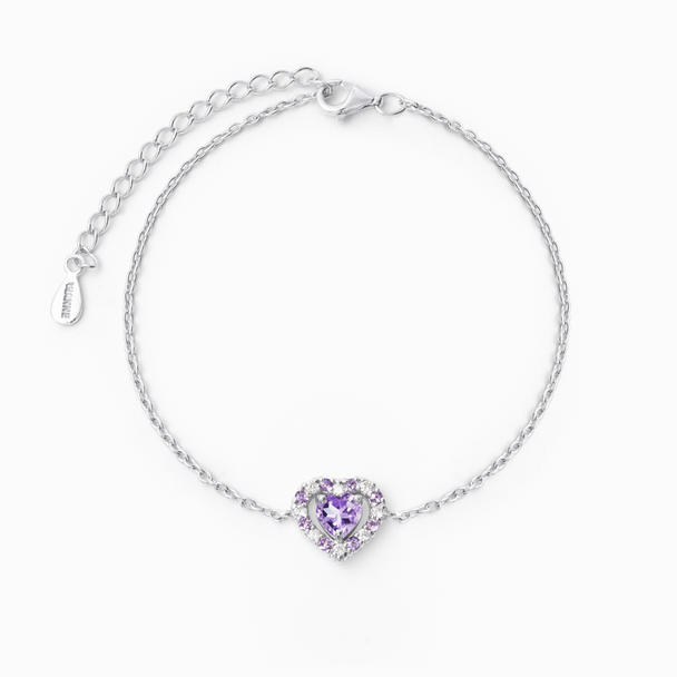 Purple Heart Lavender Amethyst Bracelet in sterling silver with double heart design and natural amethyst stones