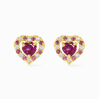 Red Heart Rhodolite Garnet stud earrings with heart-shaped red and pink rubies, simulated diamonds, and 18k gold vermeil