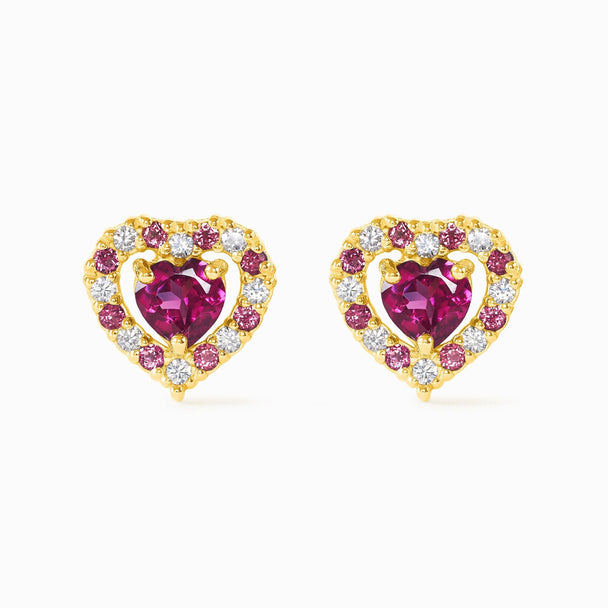 Red Heart Rhodolite Garnet stud earrings with heart-shaped red and pink rubies, simulated diamonds, and 18k gold vermeil