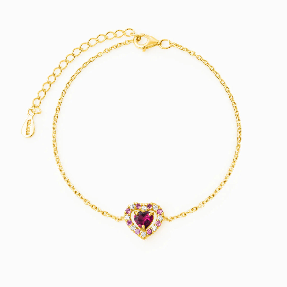 Red heart rhodolite garnet bracelet in 18k gold vermeil with double heart design and simulated diamonds