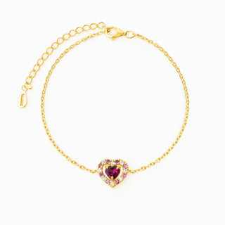 Red heart rhodolite garnet bracelet in 18k gold vermeil with double heart design and simulated diamonds