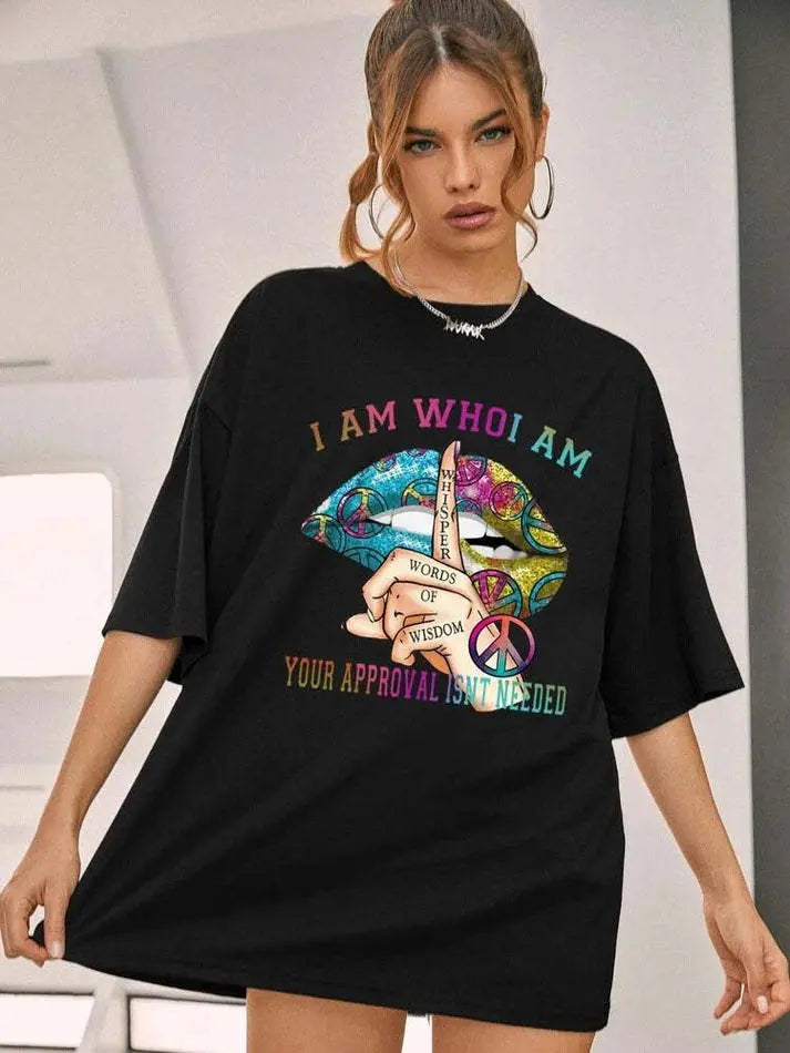 Ladies oversized Whisper Words of Wisdom black cotton T-shirt top with colorful graphic print