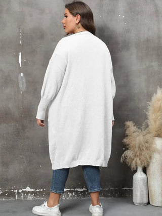 Plus size long sleeve white pocketed cardigan with ribbed detailing and open front design