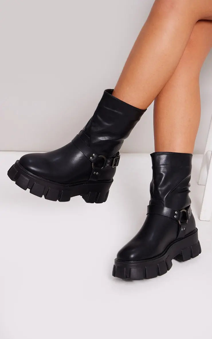 Black Buckle Strap Detail Chunky Cleated Sole Ankle Boots Kenike