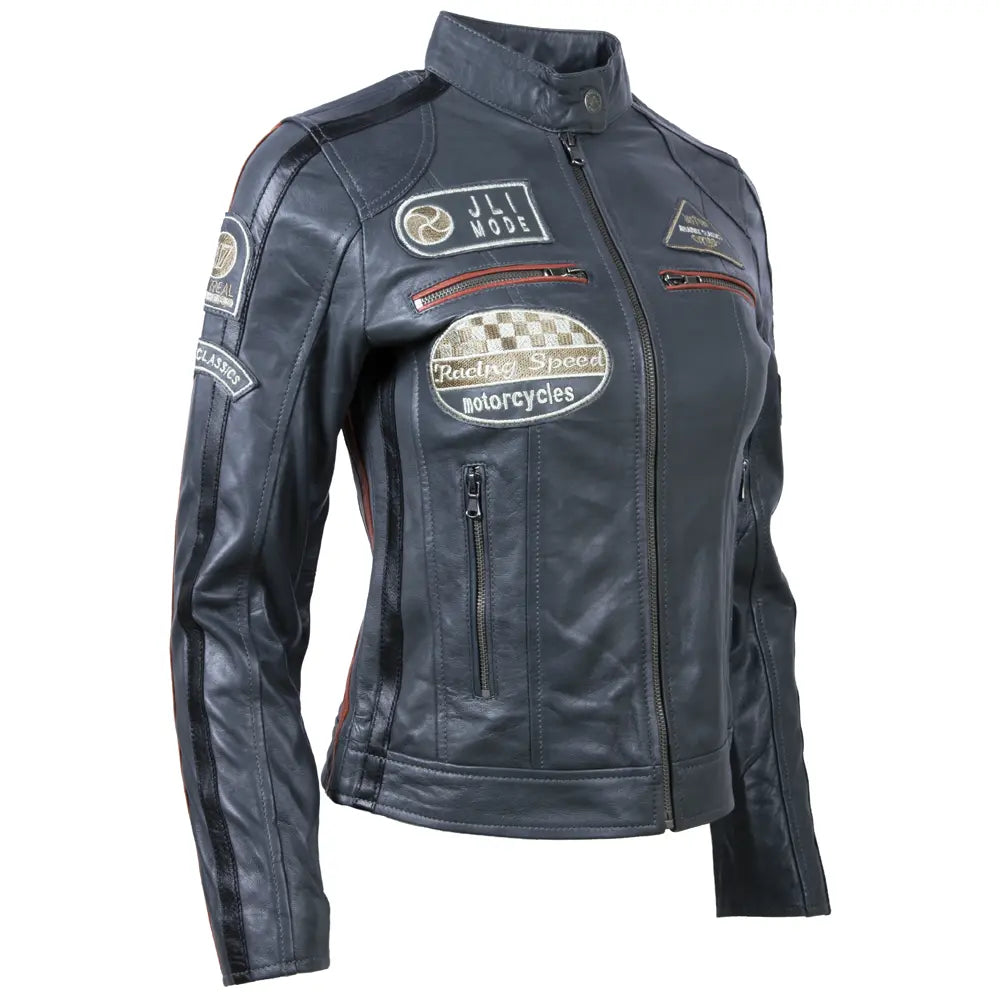 Women’s platinum grey racing biker jacket with sheepskin nappa leather and racing badges