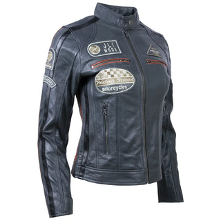 Women’s platinum grey racing biker jacket with sheepskin nappa leather and racing badges