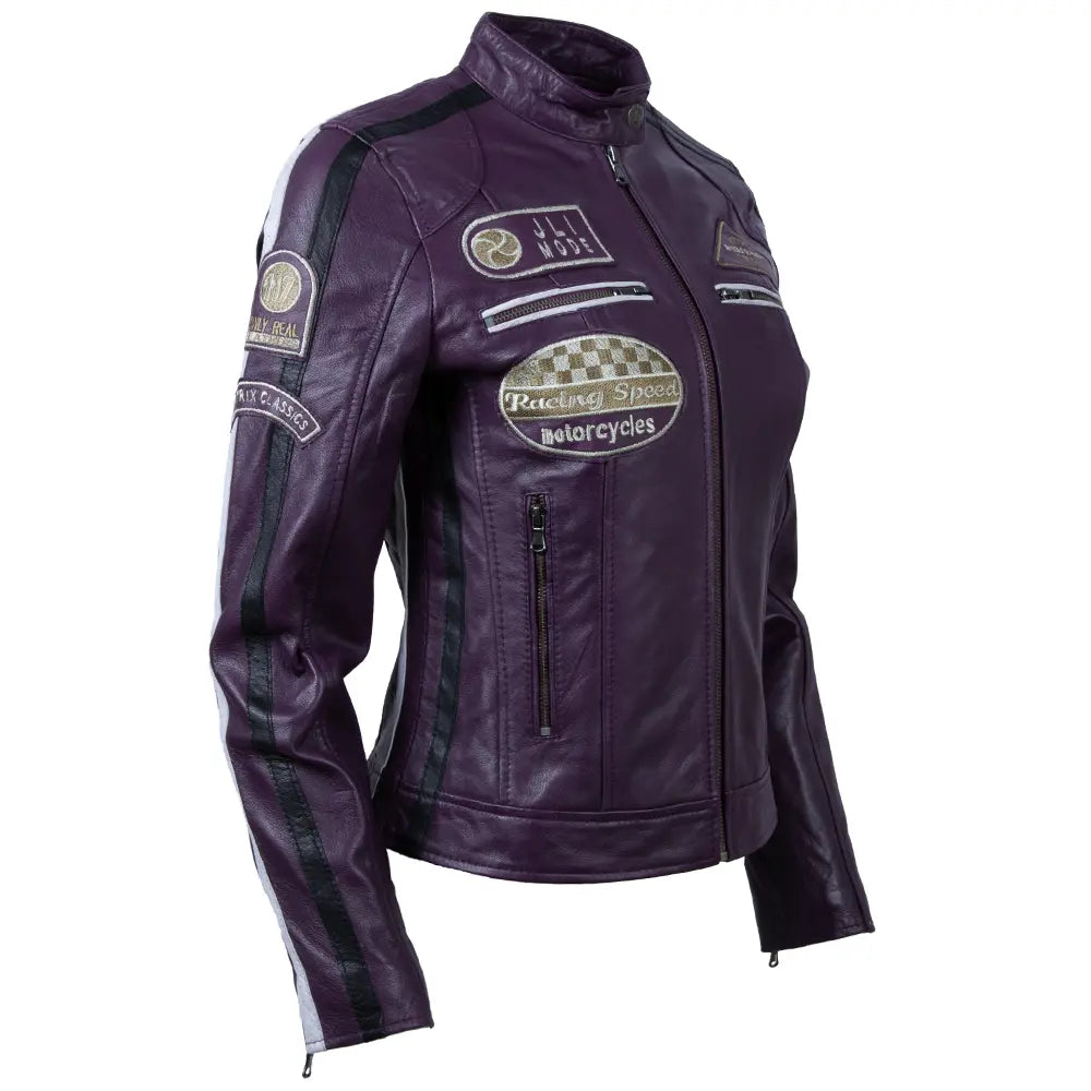 Women's Racing Biker purple sheepskin leather jacket with zip, racing badges, and adjustable waist