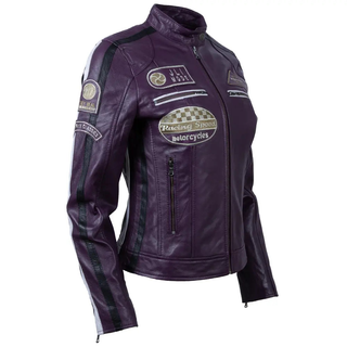 Women's Racing Biker purple sheepskin leather jacket with zip, racing badges, and adjustable waist