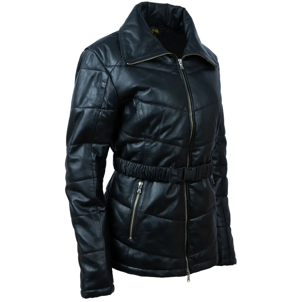 Black women's puffer coat made of genuine sheep leather with high collar, zip pockets, and press-buckle belt