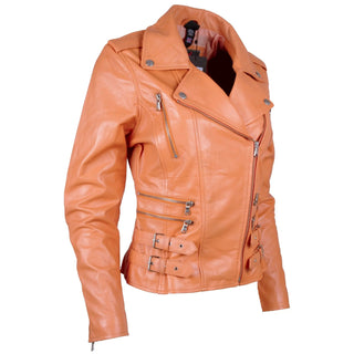 Women's biker jacket in papaya color made from genuine sheep nappa leather with asymmetric zip and multiple zip pockets