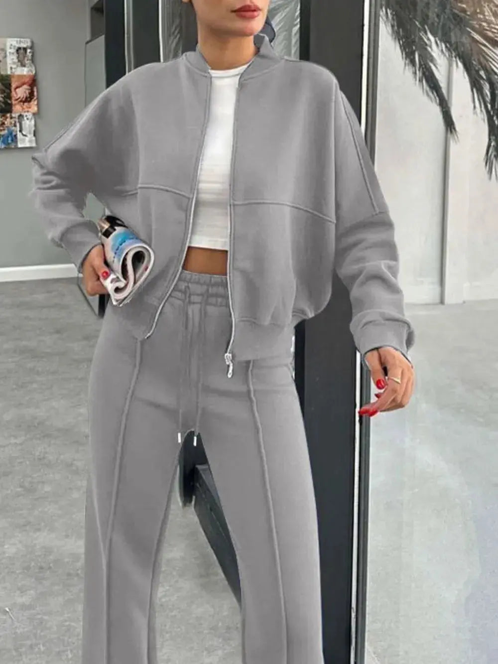 Baseball Collar Zip Up Outerwear and Pants Set - Ezeyor