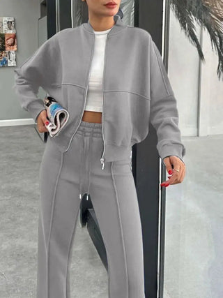 Baseball Collar Zip Up Outerwear and Pants Set - Ezeyor