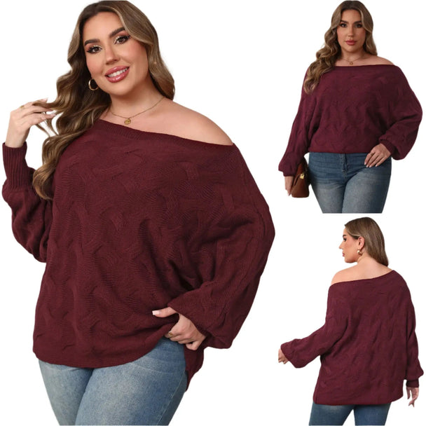 Plus size off-shoulder batwing sleeve pullover in wine red with loose fit and long sleeves