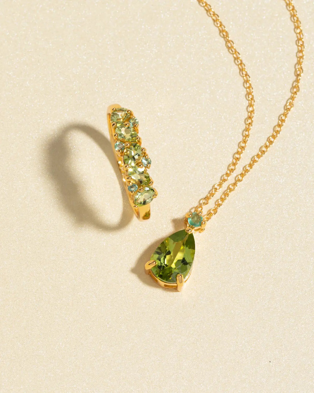 Emerald & Peridot Pear Cut pendant necklace and matching ring set in 18k gold vermeil on sterling silver