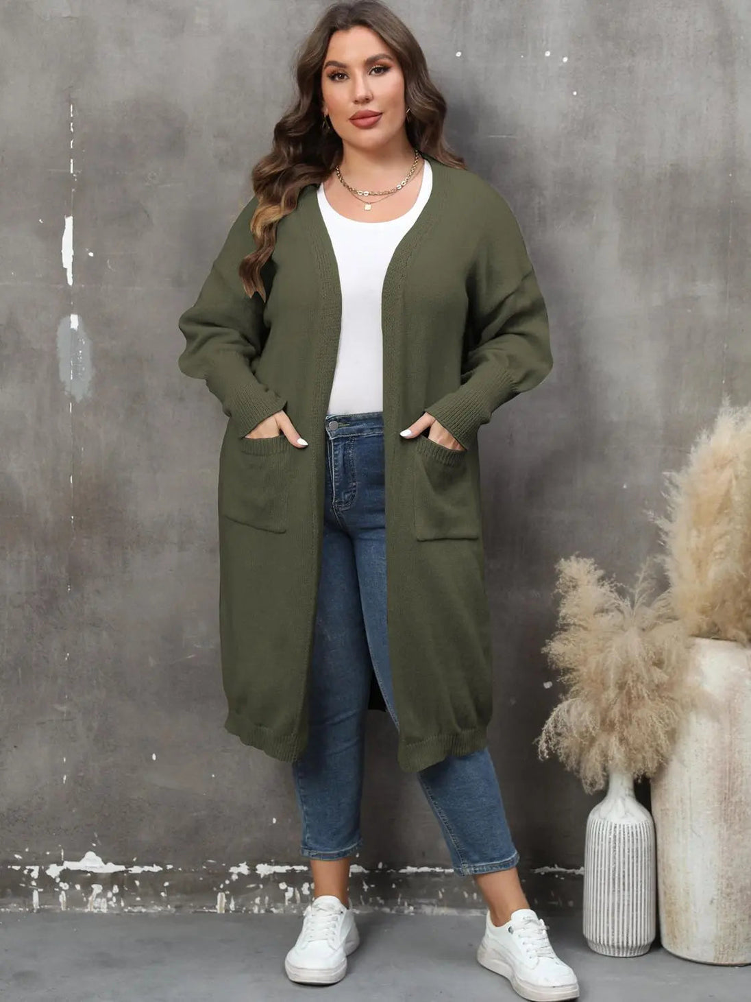 Plus size long sleeve olive green pocketed cardigan with ribbed texture and open front design