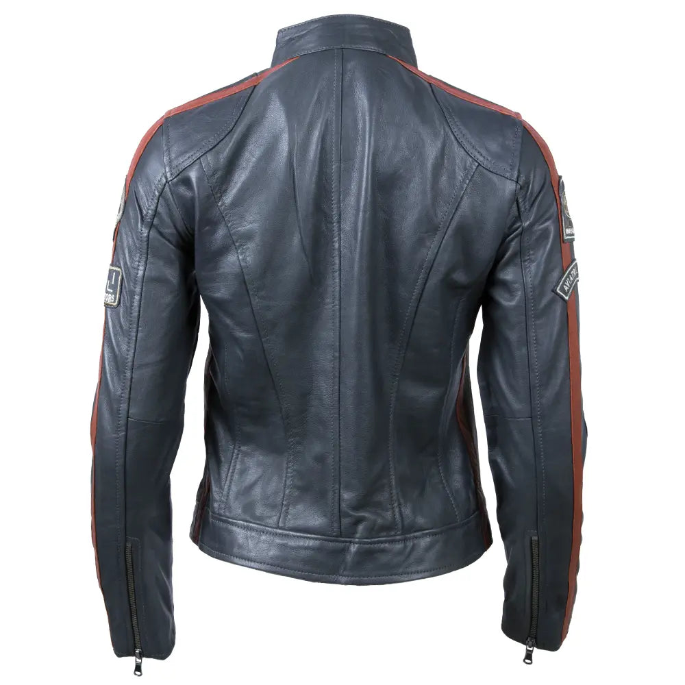 Women's Racing Biker jacket in platinum grey sheepskin nappa leather with racing stripes and badges, zip fastening and adjustable waist.