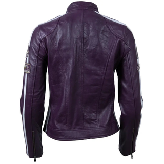 Purple women's racing biker jacket in sheepskin nappa leather with racing stripes and badges