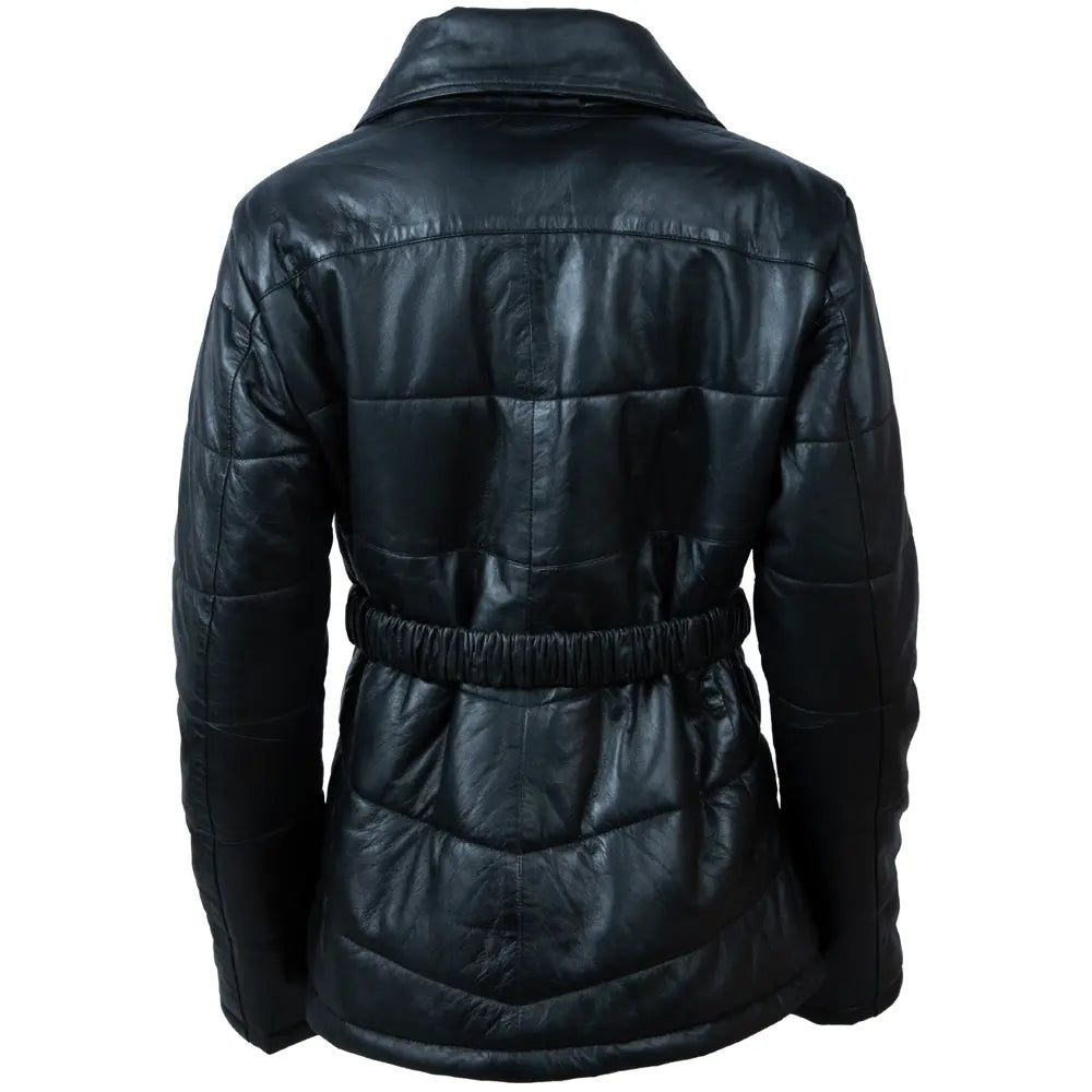 Back view of women's black genuine sheep leather puffer coat with stitched panels and press-buckle belt