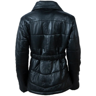 Back view of women's black genuine sheep leather puffer coat with stitched panels and press-buckle belt