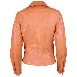 Women's biker jacket in papaya genuine sheep nappa leather with zippered cuffs and tailored fit