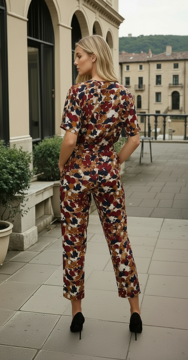 Woman wearing multi-colour printed wide-leg belted jumpsuit outdoors