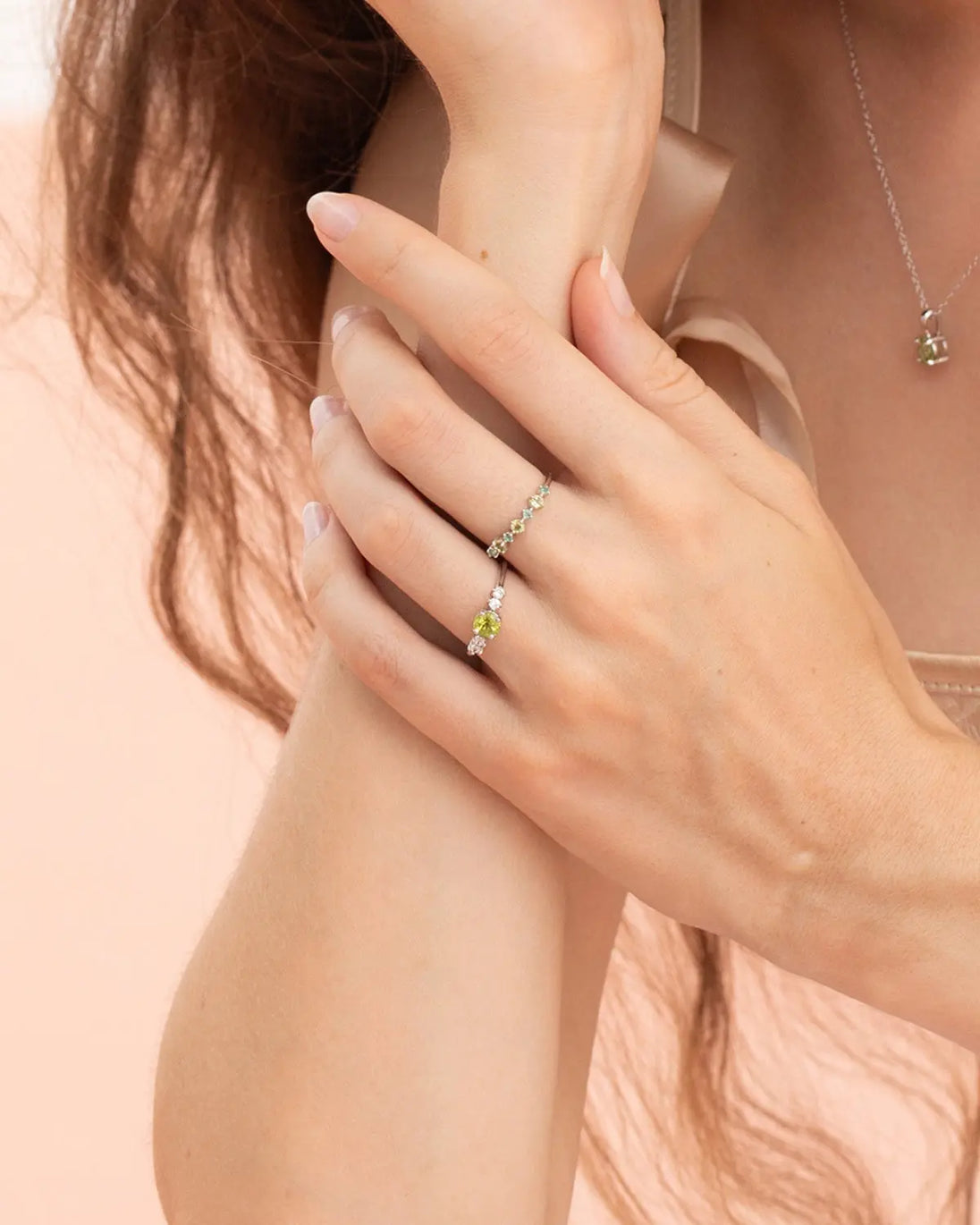 Peridot everyday jewellery set with necklace, ring, and stud earrings in sterling silver