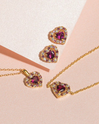 Red heart rhodolite garnet jewellery set with pendant necklace, bracelet, and stud earrings in 18k gold vermeil