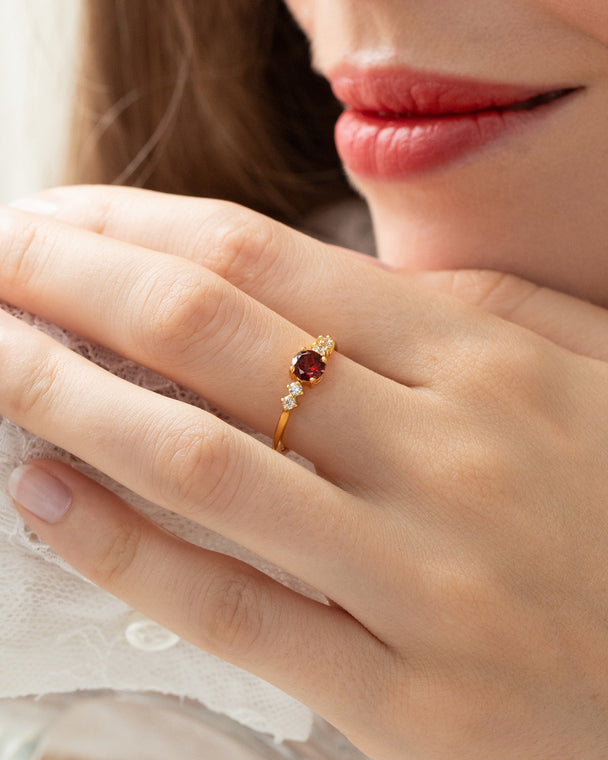 Handcrafted garnet everyday jewellery ring in 18k gold vermeil with round cut red gemstone and simulated diamonds