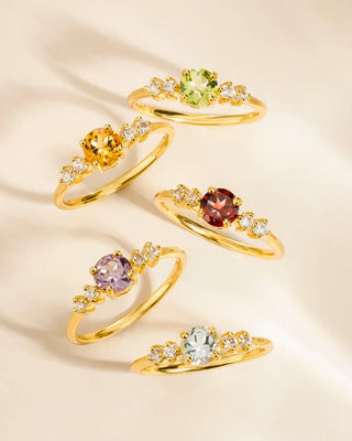 Citrine five stone ring in 18k gold vermeil with natural citrine and simulated diamonds, handcrafted and stackable.